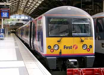 First Great Eastern Desiro front end resting next to buffer stops.