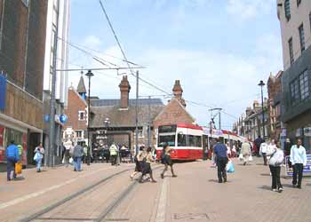 Croydon Tramlink in the town centre pedestrian zone.