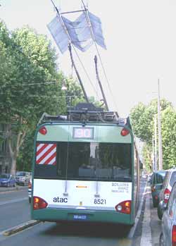 Rear view, showing mid-air trolleypoles just under the wiring guides.