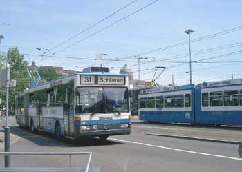 Tram / streetcar and (electric) trolleybus in Zürich Switzerland.