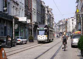 A tram glides along a 'traffic calmed' street in Gent.