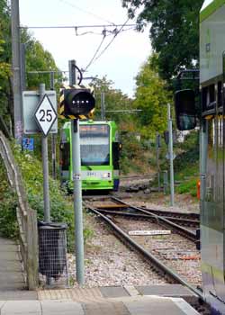 Start of bi-directional single track section of tramline.