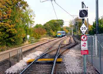 Passing point on bi-directional single track section of tramline.