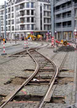 Temporary tram crossover track in Belgium.
