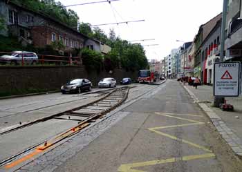 Temporary crossover track and tram stop in Prague