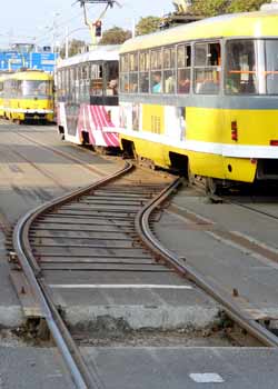 Temporary tram crossover track in Pilsen