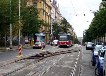 Temporary tram crossover track in Prague