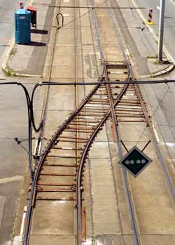 Elevated view temporary tram crossover track.