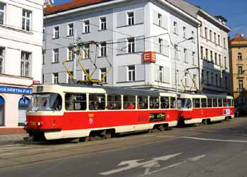 A coupled set of Tatra T3 non-articulated (rigid) trams in Prague.