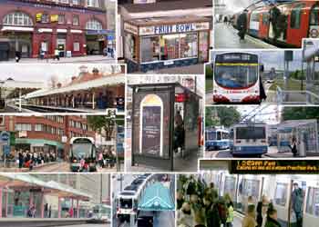A montage of images showing bus + tram + railway stops, stations and shelters plus station platform food sales outlet.