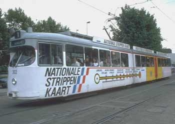 A Tram advertising the Dutch 'Strippenkaart' - see caption for full picture information.