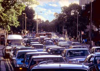 Typical rush-hour scene of solid traffic for as far as eye can see.