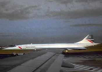 The late lamented Concorde as seen one evening from an aircraft window at Heathrow Airport.