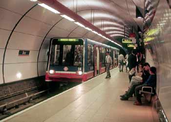 DLR train in platform at the subterranean Bank Station.