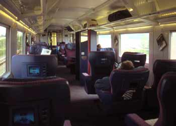 Inside a German ICE 1 train, this carriage (only) has seat-back TV screens.