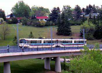 Twin unit light rail service on an off-street private right of way.