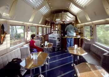 Buffet carriage - food counter tables seating.