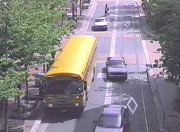 Vehicles briefly straying on to light rail reserved right of way in Portland.